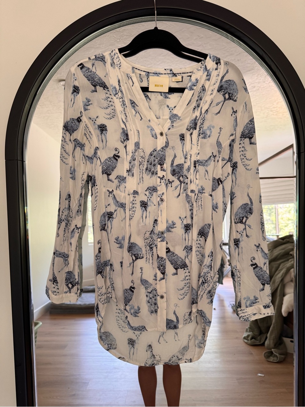 Maeve White Blouse with Navy Peacock Print